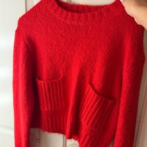 Zara Bright Red Pocket Crew Neck Sweater